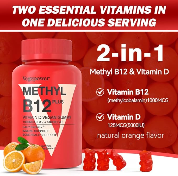Vegan Vitamin B12 Gummies with Vitamin D - 90 Count I 1000 MCG Methyl B12 & D3 5000 IU Chewable Gummies Supplements for Adults & Kids - Supports Bone Health & Daily Energy Boost - Non-GMO, Orange