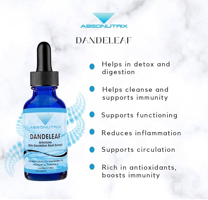 Absonutrix DandeLeaf, 390 mg, 4 FL OZ Liquid, 302 Servings, Made in USA, Potent Plant-Based Ingredients, Artichoke Leaf, Dandelion Root Extract, Gluten-Free, Non-GMO, GMP Certified