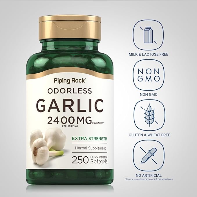 Piping Rock Odorless Garlic Softgels 2400mg | 250 Pills | High Potency Extract | Herbal Supplement | Non-GMO, Gluten Free