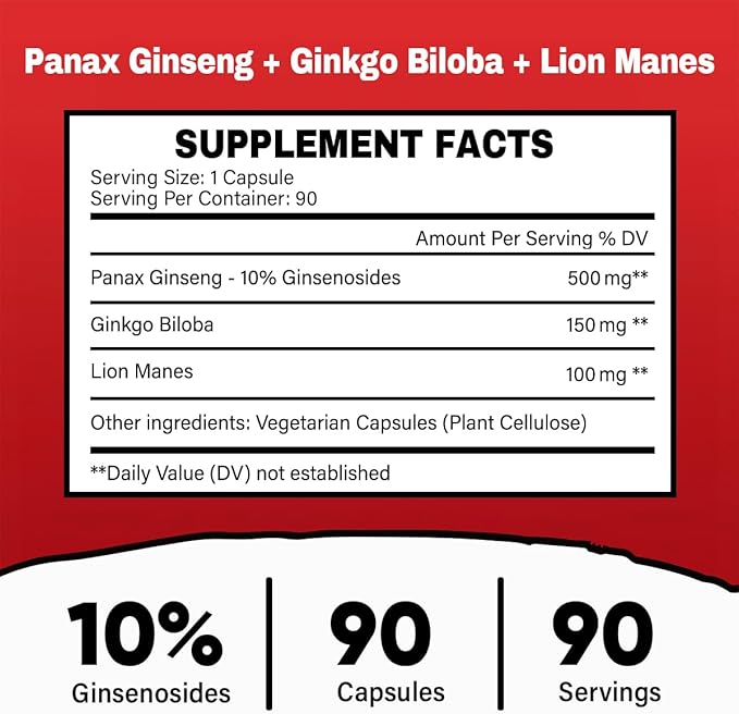 Panax Ginseng 500mg + Ginkgo Biloba + Lions Mane, 90 Vegan Capsules | Extra Strength Ginsenosides for Energy, Mental Focus, Immune Support | Brain Supplement | Non-GMO & Gluten Free Herbal Supplement