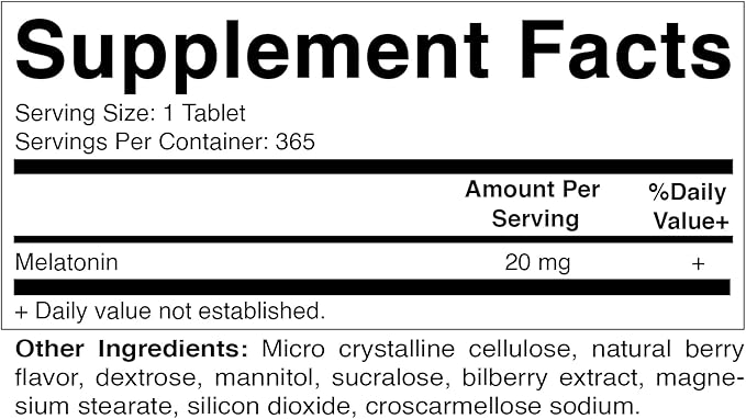 Vitamatic Melatonin 20 mg Tablets | Vegetarian, Non-GMO, Gluten Free | 1 Year Supply | Natural Berry Flavor - 365 Tablets