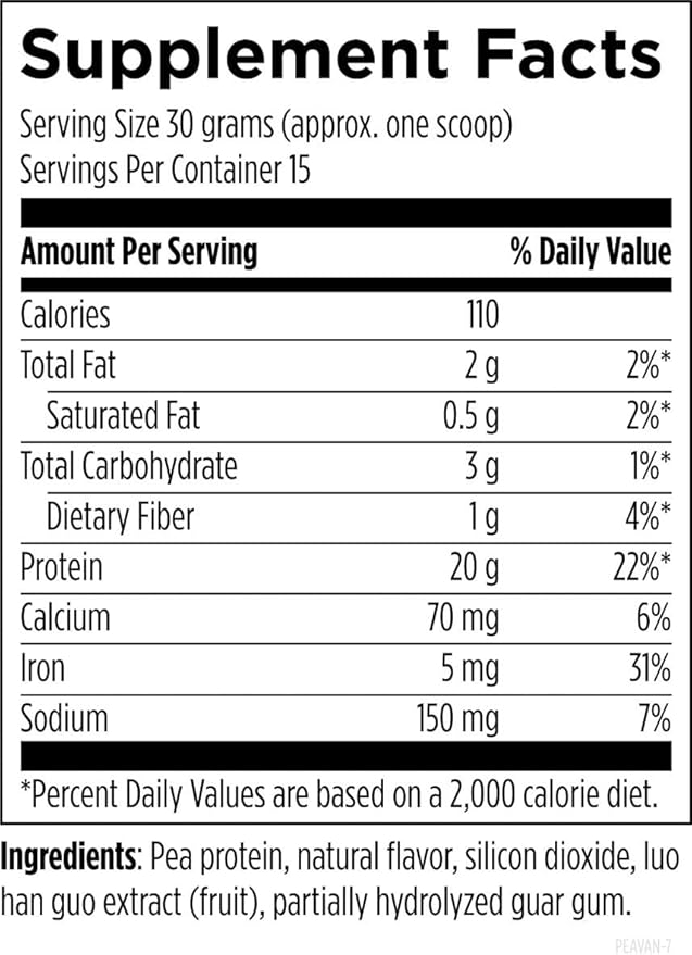 Designs for Health PurePea - 20g Vegan Pea Protein, Non-GMO Natural Drink Mix Powder Supplement, Vanilla (15 Servings / 450g)