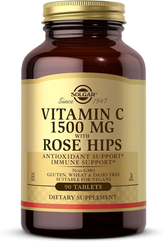 Solgar Vitamin C 1500 mg with Rose Hips - 90 Tablets - Antioxidant & Immune Support - Non-GMO, Vegan, Gluten Free, Dairy Free, Kosher - 90 Servings