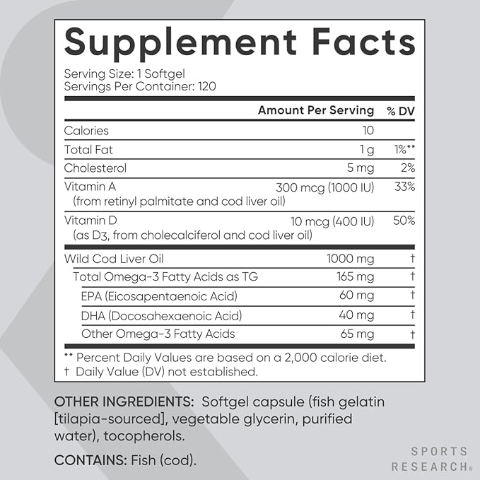 Sports Research® Omega-3 Wild Alaskan Cod Liver Oil 1000mg with Vitamins A (1000 IU) & D3 (400 IU) - Burpless, Bovine Free, Non-GMO, & MSC Certified Sustainable - 120 Softgels