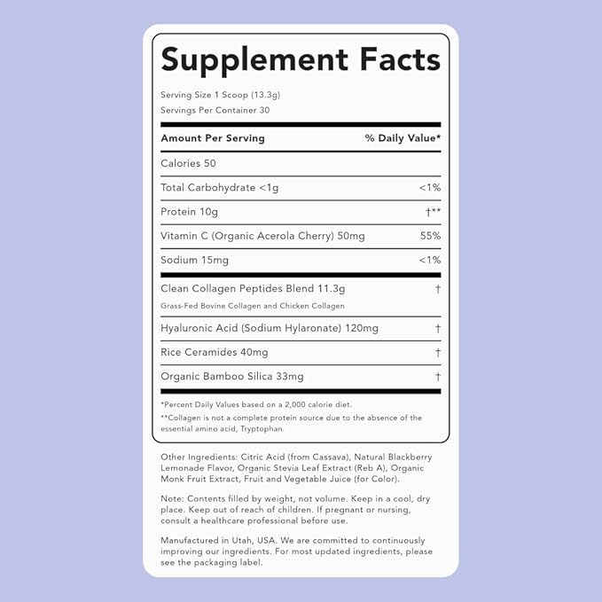 Clean Simple Eats BlackBerry Lemonade Super Collagen, Grass-Fed, Hydrolyzed Types I, II, & III Collagen, 30 Servings