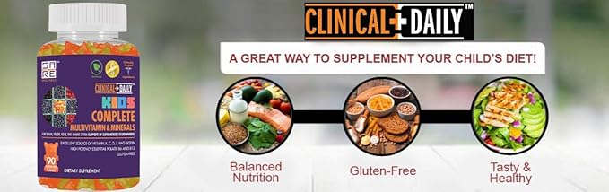 Clinical Daily Complete Kids Multivitamin Daily Gummy Supplement for Brain, Vision, Bone and Immune Health. Vitamins A, C, E,D,B6,B12, Folate, Biotin, Essential Minerals. 90 Gluten Free Yummy Gummies