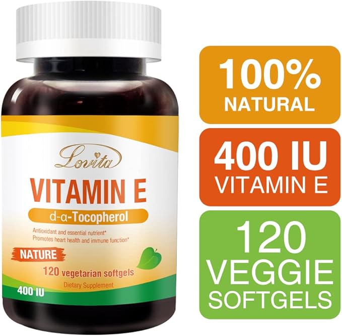 Lovita Vitamin E 400 IU Softgels, Natural Vitamin E 268 mg (as D Alpha Tocopherol), Vegan Vitamin E for Healthy Skin, Hair, Nails & Immune System Support, 120 Vegetarian Softgels