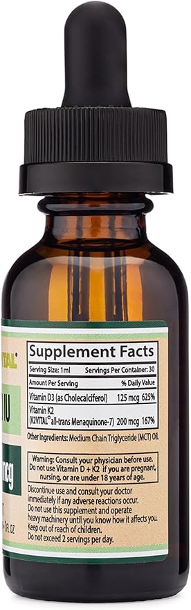 Vitamin D3 K2 5,000 IU Liquid Drops (5,000 IU of D3 and 200mcg of 99.9% All-Trans Patented K2 MK-7 (K2Vital)) Max Absorption Liquid Vitamin D Drops (30 Servings) by Double Wood