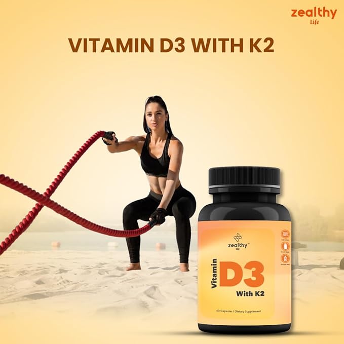 Vitamin D3 + K2 - High Potency Bone & Heart Health Formula* - 60 Easy-to-Swallow Capsules | Zealthy Life - 60 Capsules