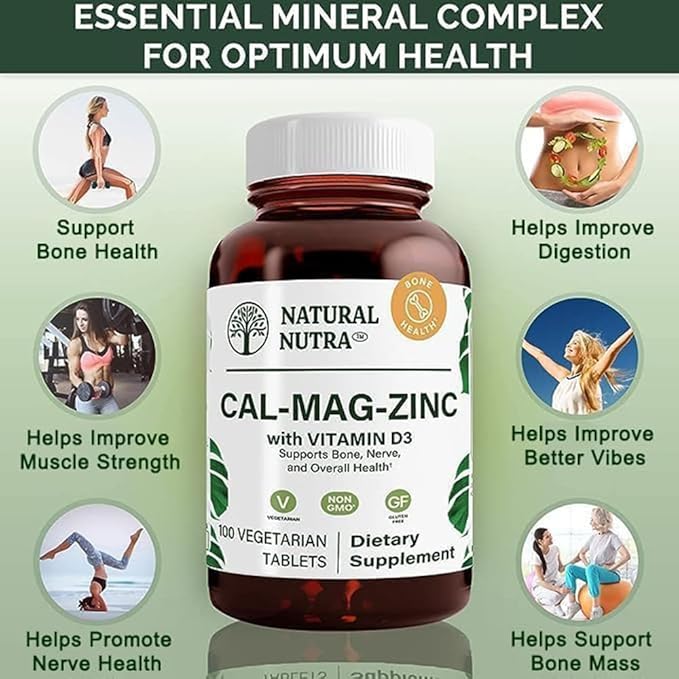Natural Nutra Calcium Magnesium Zinc Supplement with Vitamin D3 for Bone Strength, Helps Improve Muscle Strength, Health Gluten Free, and Sugar Free, Essential Mineral Complex 100 Count (Pack of 3)