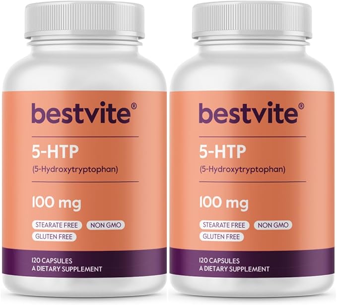 BESTVITE 5-HTP 100mg (240 Capsules) (120 x 2) - No Stearates or Flow Agents - Gluten Free - Non GMO
