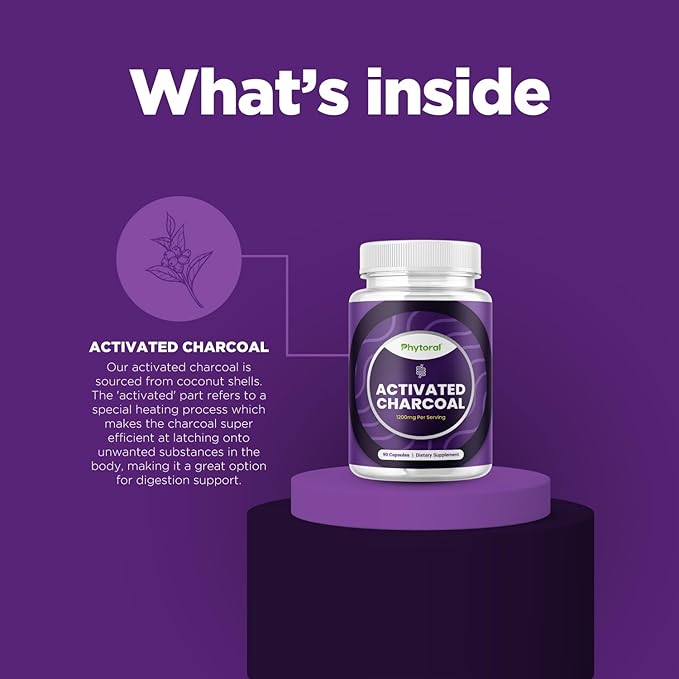 Pure Activated Charcoal Pills Detox & Cleanse - Purifying Coconut Capsules with 1200 mg Per Serving for Bloating Relief - Active Detoxification Supplement for Body & Gut Health - 90 Count