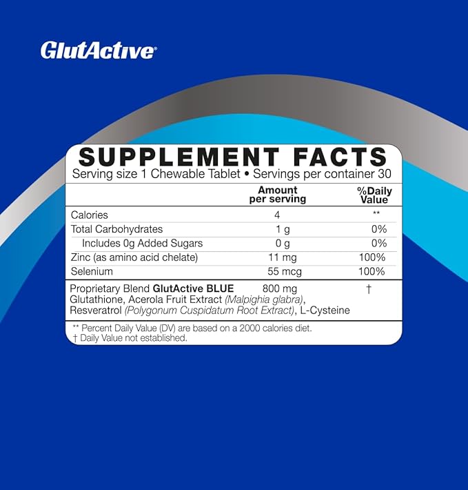 Blue 800mg | Glutathione | Antioxidant, Increase Immunity & Energy – Detox & AntiAging, Cysteine, Selenium, Zinc, Resveratrol, Acerola (VIT-C). Chewable. 30ct