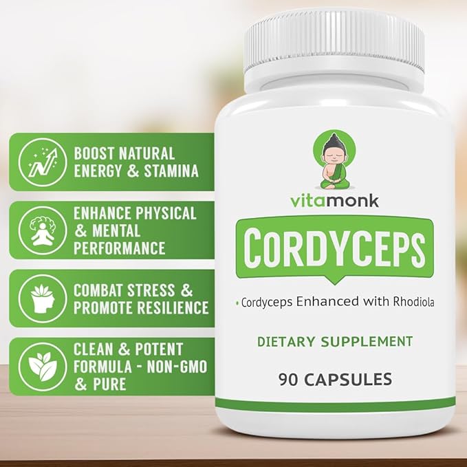 VitaMonk Cordyceps Mushroom Capsules with Rhodiola, 2 Grams of Cordyceps Mushroom Enhanced with Rhodiola - Boost Energy, Fight Stress, Enhance Performance, Non-GMO - 2000mg - 90 Caps