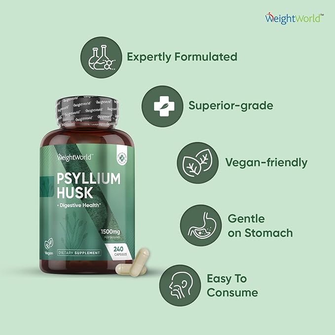 WeightWorld Psyllium Husk Capsules 1500mg Per Serving, 240 Vegan Capsules - 4 Months Supply - for Digestive Health - Daily Psyllium Husk Fiber Supplement - Non-GMO, GMP-Approved, & Allergen-Free
