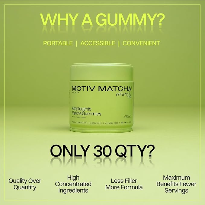 Motiv- Organic Matcha & Mushrooms Gummies, 300 MG Concentrate Matcha Green Tea Natural Energy, Mushroom Blend | Improve Brain Function, Immune Support, Gut Health, Reduce Stress - Vegan, Non-GMO