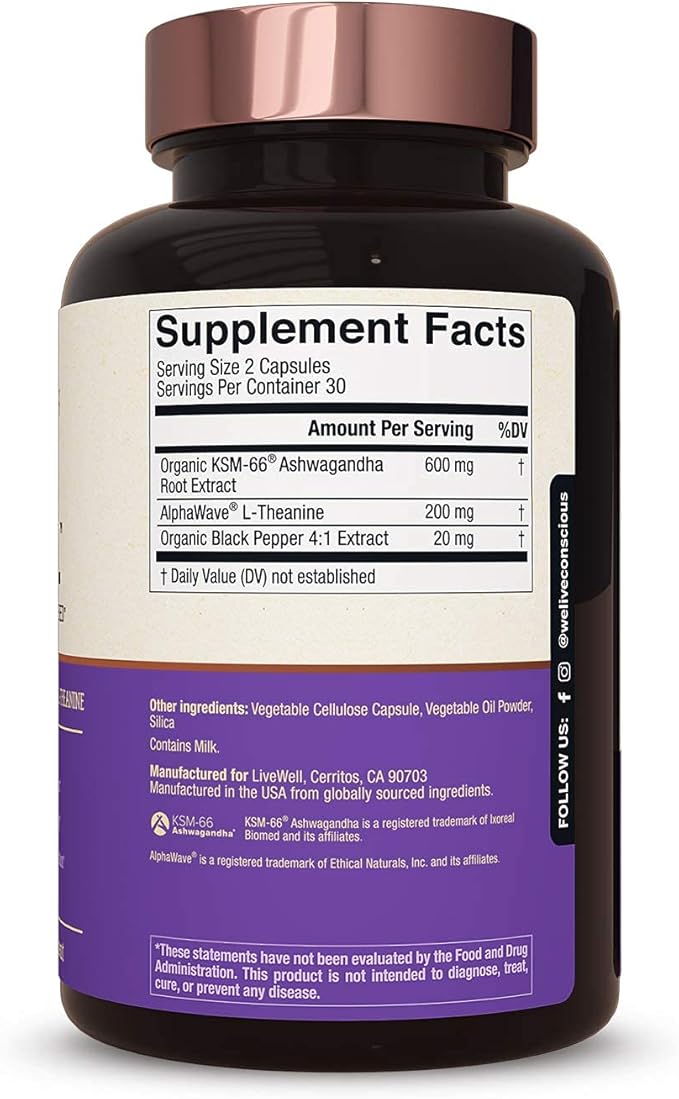 Live Conscious KSM-66 Ashwagandha Supplement w/L Theanine & AlphaWave - ZenWell Everyday Stress Relief, Cognitive, Brain Health - Ashwagandha for Men & Women - 60 Capsules