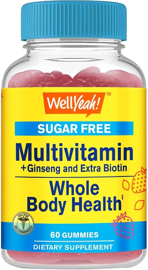 Multivitamin Sugar Free Gummies with Ginseng, Vitamin A, C, D3, E, B12, B6, B1, B2, B5, Niacin, Folic acid, Biotin, Iodine, Zinc, Chromium, Molybdenum, Lycopene, Inositol - Vegan - 60 Gummies
