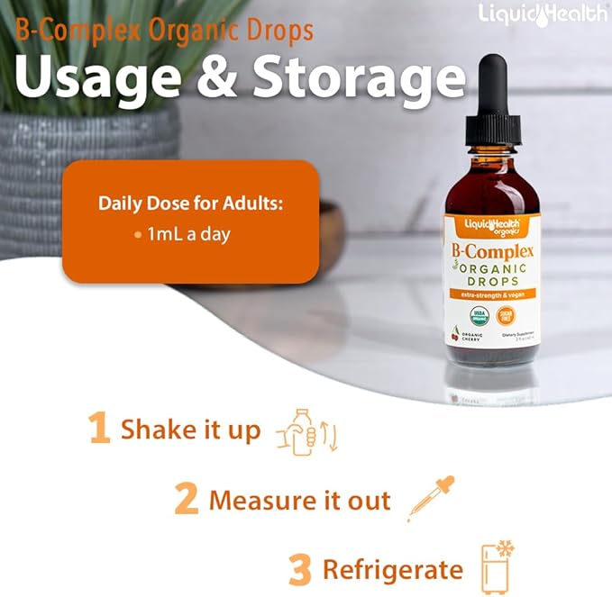 LIQUIDHEALTH USDA Organic Vitamin B Complex Drops for Men & Women - Natural Energy, Improved Focus, Memory & Mood, Immune Support, Metabolism Boost - USA Made, Extra Strength, No Sugar, Vegan (2 Pack)