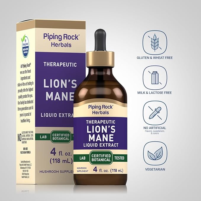 Piping Rock Lions Mane Mushroom Liquid Extract | 4 Fl Oz | Alcohol Free, Vegetarian Supplement | Non-GMO, Gluten Free Tincture