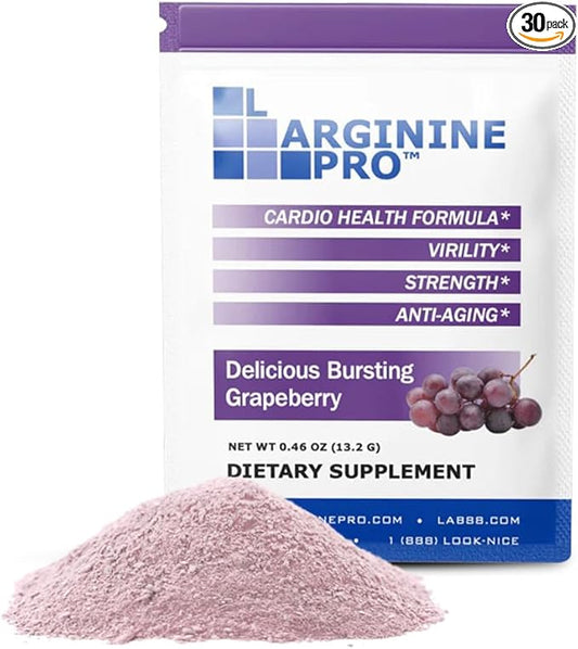 L-ARGININE PRO Supplement Powder | 30 Packets Single Serve Travel Size | 5,500mg of L-arginine Plus 1,100mg L-Citrulline, Grape