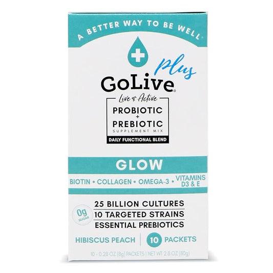 GoLive Probiotics & Prebiotics for Women and Men Glow for Beauty, Sugar-Free Synbiotic Powder. +25 Bllion CFUs; 10 Clinical Strains for Healthy, Immune & Digestive Health, 10 Count (Pack of 1)