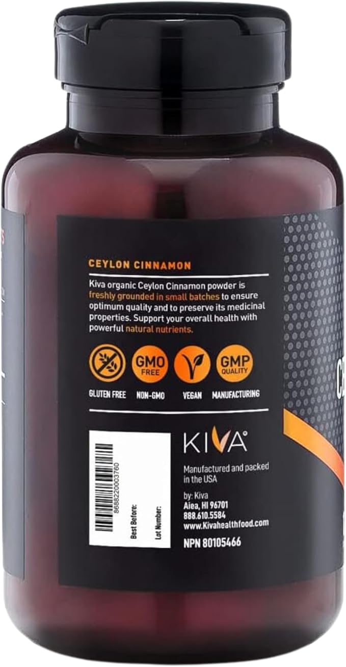 Kiva Premium Ceylon Cinnamon Powder Capsules (120 Veggie Capsules), Pure Ceylon Cinnamon from Sri Lanka, Vegan, Non-GMO, Gluten-Free