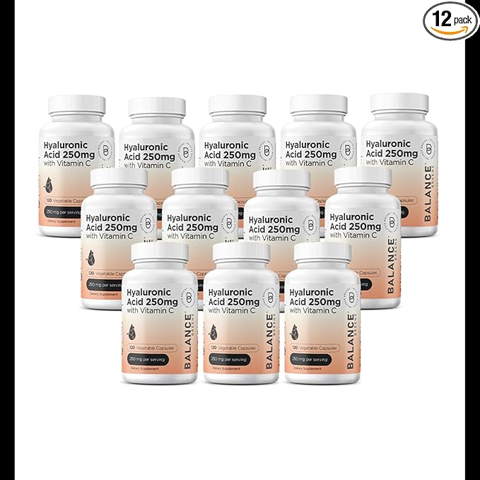 Pure Hyaluronic Acid Supplement 250mg with Vitamin C 50mg, 120 Vegan Capsules - Skin Hydration for Natural Glow, Hair, Nails, Bone & Joint Health Formula 120 Count (Pack of 12)
