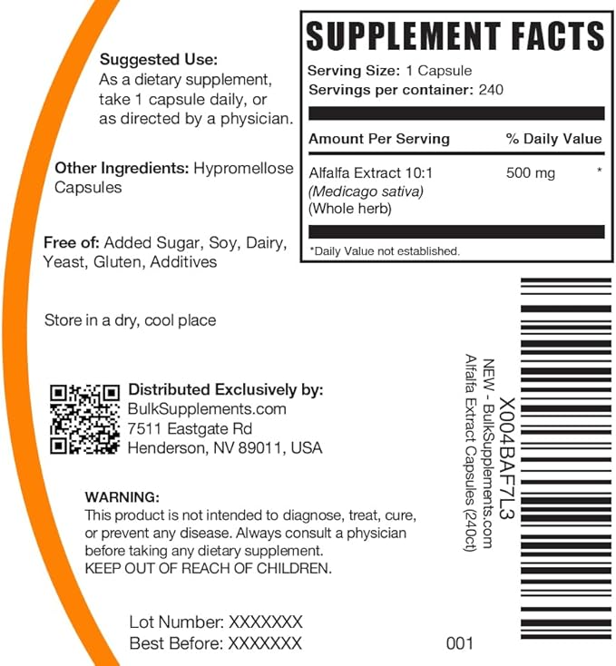 BulkSupplements.com Alfalfa Extract Capsules - Alfalfa Supplement, Green Superfood Supplement, Alfalfa Capsules - Gluten Free, 1 Capsule per Serving, 240 Veg Capsules (Pack of 1)