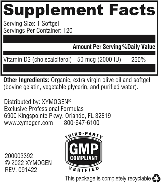 XYMOGEN D3 2000 - Bioavailable Vitamin D3 2000 IU (50 mcg) - High Potency Vitamin D Supplement to Support Immune Health, Bone + Heart Health (120 Gelatin Softgels)
