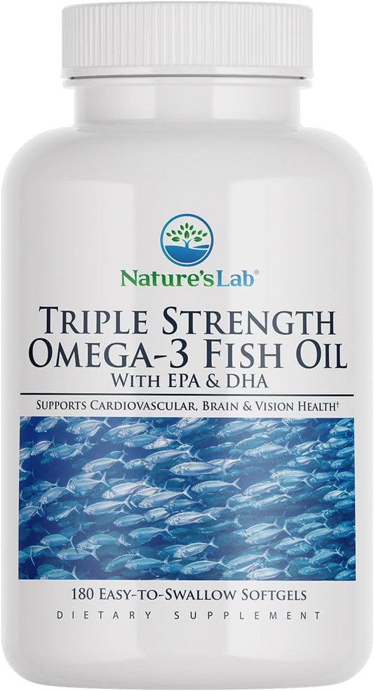 Nature's Lab Triple Strength Omega-3 Fish Oil with EPA & DHA - Supports Healthy Brain Function, Cognitive Health & Circulation - 180 Softgels (3 Month Supply)