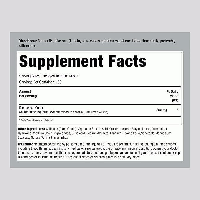 Lindberg Garlic Supplement 5000mg | 100 Caplets | High Allicin Odorless Garlic | Non-GMO, Gluten Free