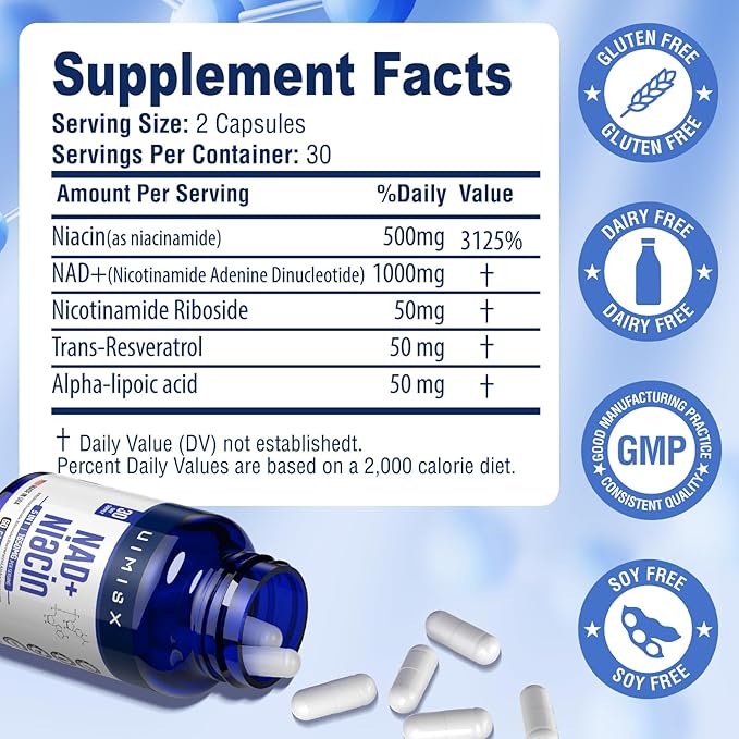 NAD+ Supplement 1000mg & Niacin(Vitamin B3) 500mg, Nad Plus Boosting Supplement for Woman and Man, Nicotinamide Riboside (NR) Supports Anti-Aging, Energy, Brain, Muscle, Non-GMO, Gluten-Free,74