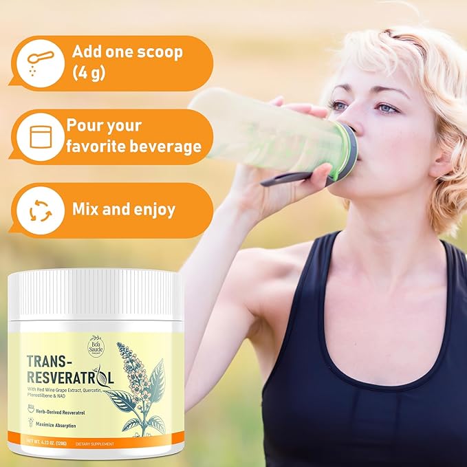 Trans-Resveratrol Powder Supplement with Red Wine Extract, Quercetin, Pterostilbene & NAD, 4.23 OZ, 30-Day Serving