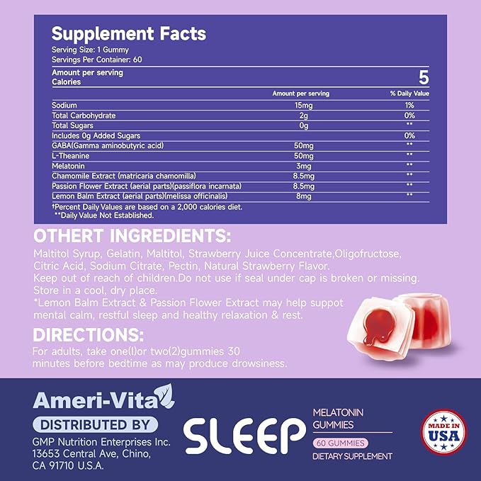Sleep Gummies for Adults, with Melatonin 3mg, L theanine, Ashwagandha, Gluten Free, Sugar-Free, Strawberry Flavor 60 Count