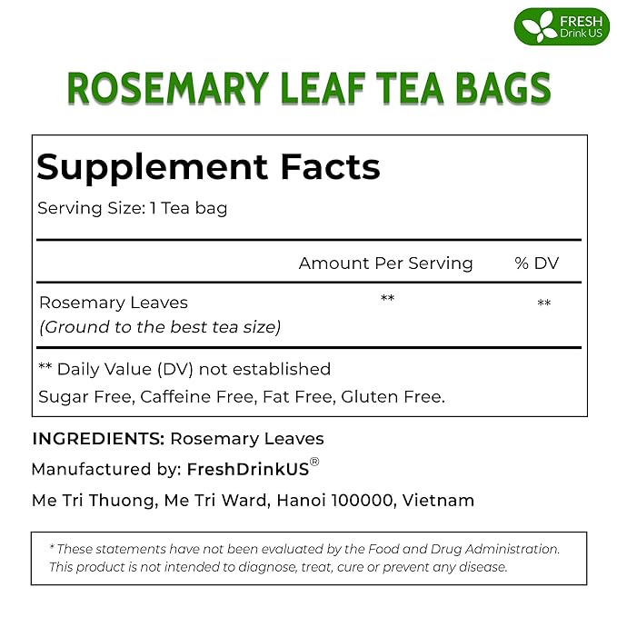 FreshDrinkUS, 20 Rosemary Leaf Tea Bags - 100% Natural and Pure Rosemary Dried Leaves, No Additives, No Caffeine, No Gluten, Vegan