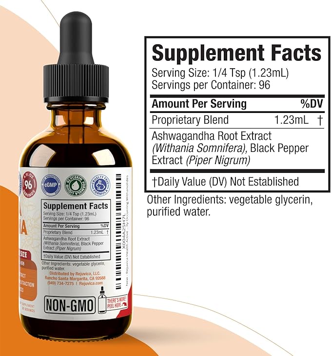 Rejuvica Health Active Ashwagandha - Advanced Liquid Supplement - Withania Somnifera Extract - Ashwagandha Roots Only - Naturally Occurring Withanolides
