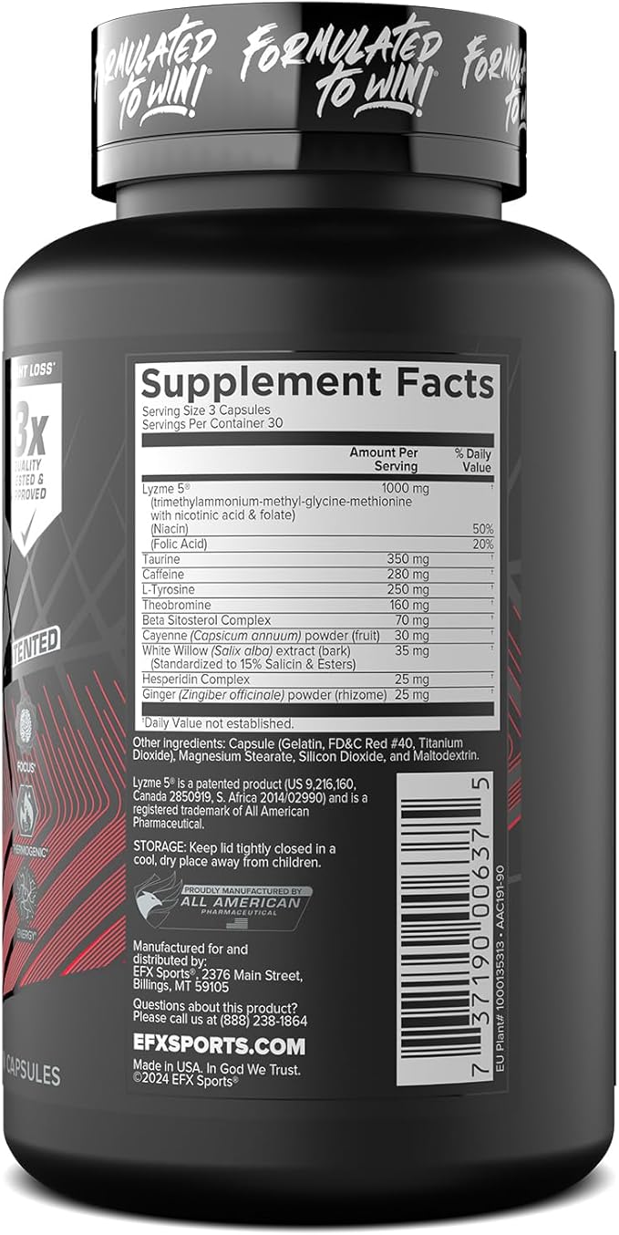 EFX Sports Lean Fix Xtreme | Weight Loss Supplement | Multi-Patented, Fat Burning Formula | Powered by Lyzme 5 | 30 Servings, 90 Capsules