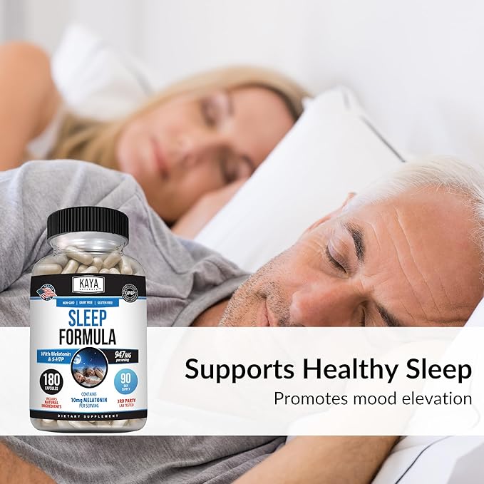 Kaya Naturals - Sleep Support Formula with Melatonin - Aid Support Vitamin Supplement - Sleep Stress and Mood Support - L-Tryptophan, Passion Flower, Ashwagandha and More - 180 Capsules (180 Count)