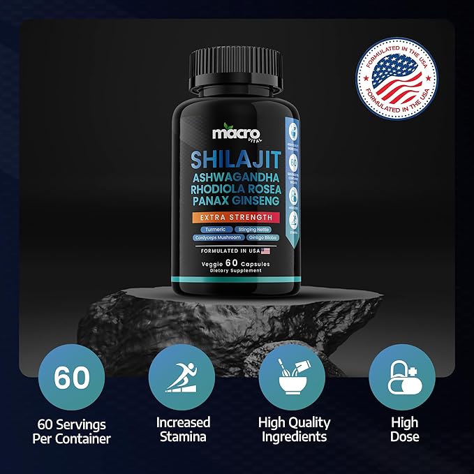 Pure Himalayan Shilajit for Men and Women 8-in-1 Supplement, Organic Himalayan Shilajit Capsules with Ashwaganda, Rhodiola Rosea and Panax Ginseng for Energy-Stamina- 60 Veggie Capsules
