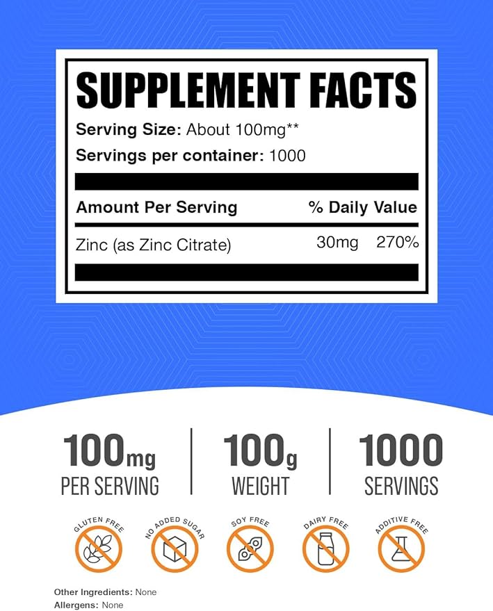 BulkSupplements.com Zinc Citrate Powder - Zinc Supplements, Zinc 30mg, Zinc Powder - Pure Zinc Citrate, for Immune Support - Gluten Free, 100mg per Serving, 100g (3.5 oz)