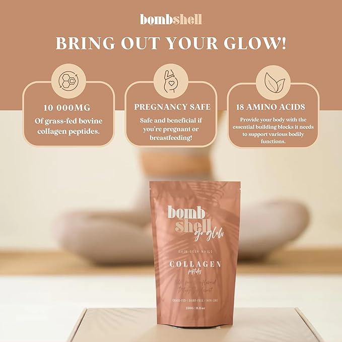 BOMBSHELL Go Glow | Beauty Collagen Peptide Powder for Women (Type I & III), Unflavored, Hair Skin & Nails Supplement, 8.8oz