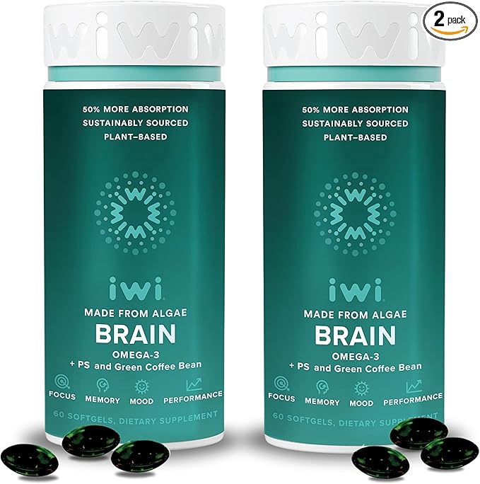 iwi life Brain Omega-3, 120 Softgels (60 Servings), Vegan Plant-Based Algae Omega-3 with EPA + DHA, Focus, Memory and Mood Support Dietary Supplement, Krill & Fish Oil Alternative, No Fishy Aftertaste