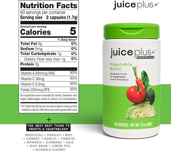 Juice Plus+ Vegetable Blend - Whole Food Vegetable Powder in Convenient Capsules - Includes Nutrients from Spinach, Kale, Broccoli, Carrot, Garlic and More - Vegan, Non-GMO - 120 Capsules