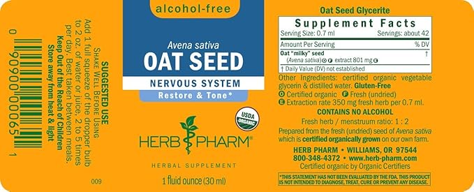 Herb Pharm Certified Organic Alcohol-Free Oat Seed Glycerite for Nervous System Support - 1 Fl Oz (Pack of 1)