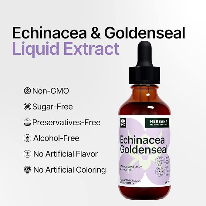 Echinacea and Goldenseal 2 fl oz Liquid Extract - Natural Herbal Supplement - Immune Support Drops - Enhance Sleep | Boost Energy - High Potency - 45-Day Supply
