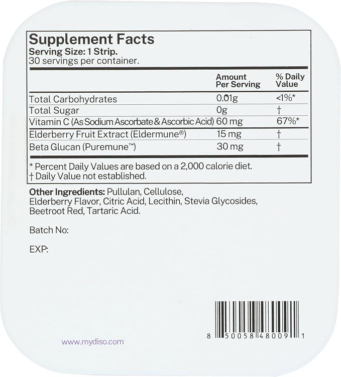 DISO - Vitamin C - Oral Dissolvable Supplement Strips, Elderberry Flavor, Boosts Immunity, Vegan, Zero Sugar, Maximum Absorption, Gluten Free, Individually Wrapped, 30 Ct