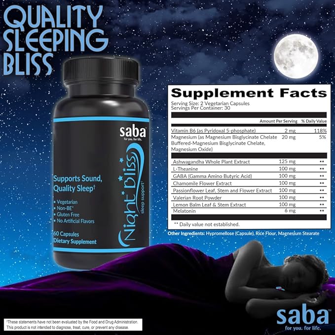 Saba Night Bliss Natural Sleep Aid | Non-Habit Forming | Sleep Supplement for Longer Sleep & Stress Relief w/Magnesium, Melatonin, GABA, Chamomile, & Valerian (60 Vegan Capsules, 30 Day Supply)