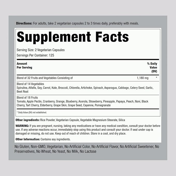 Piping Rock Fruits and Veggies Supplement | 250 Capsules | Superfood Fruit and Vegetables Vitamins | Vegetarian, Non-GMO, Gluten Free