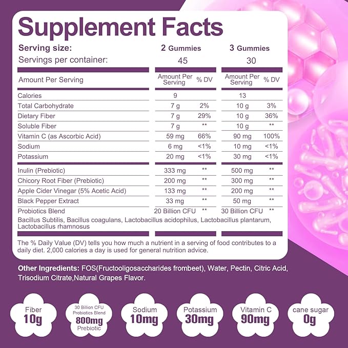 10G Fiber Gummies with 30 Billion CFU Probiotics, Grape Flavor, Bloating Support, Fiber Supplement with Vitamin C, ACV, Inulin, Sugar Free, 180 Count